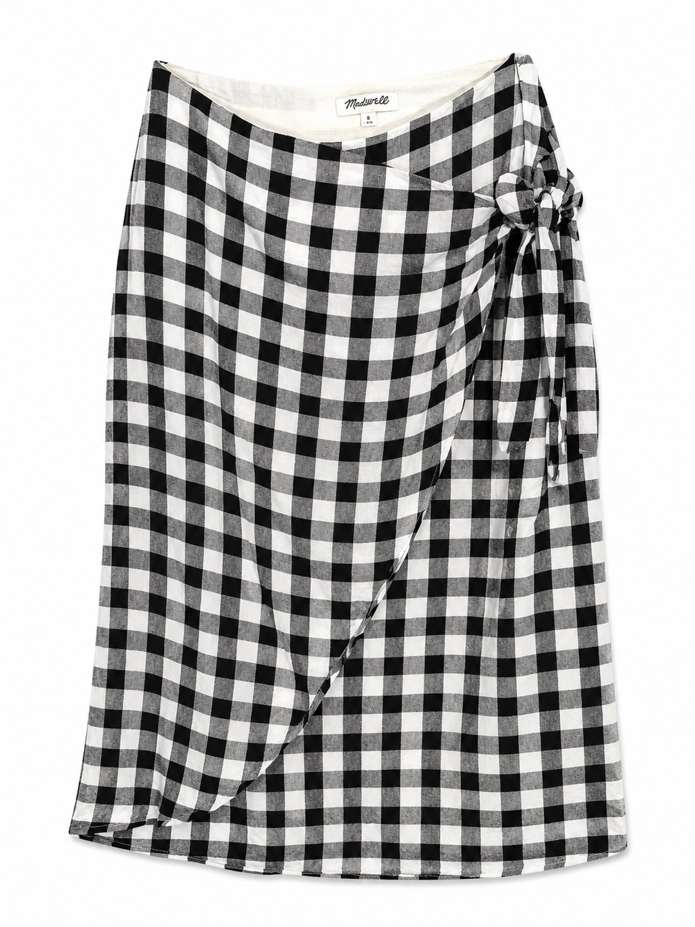 Madewell Gingham Wrap Skirt Womens Size 8 Black White Check Midi Tie Side